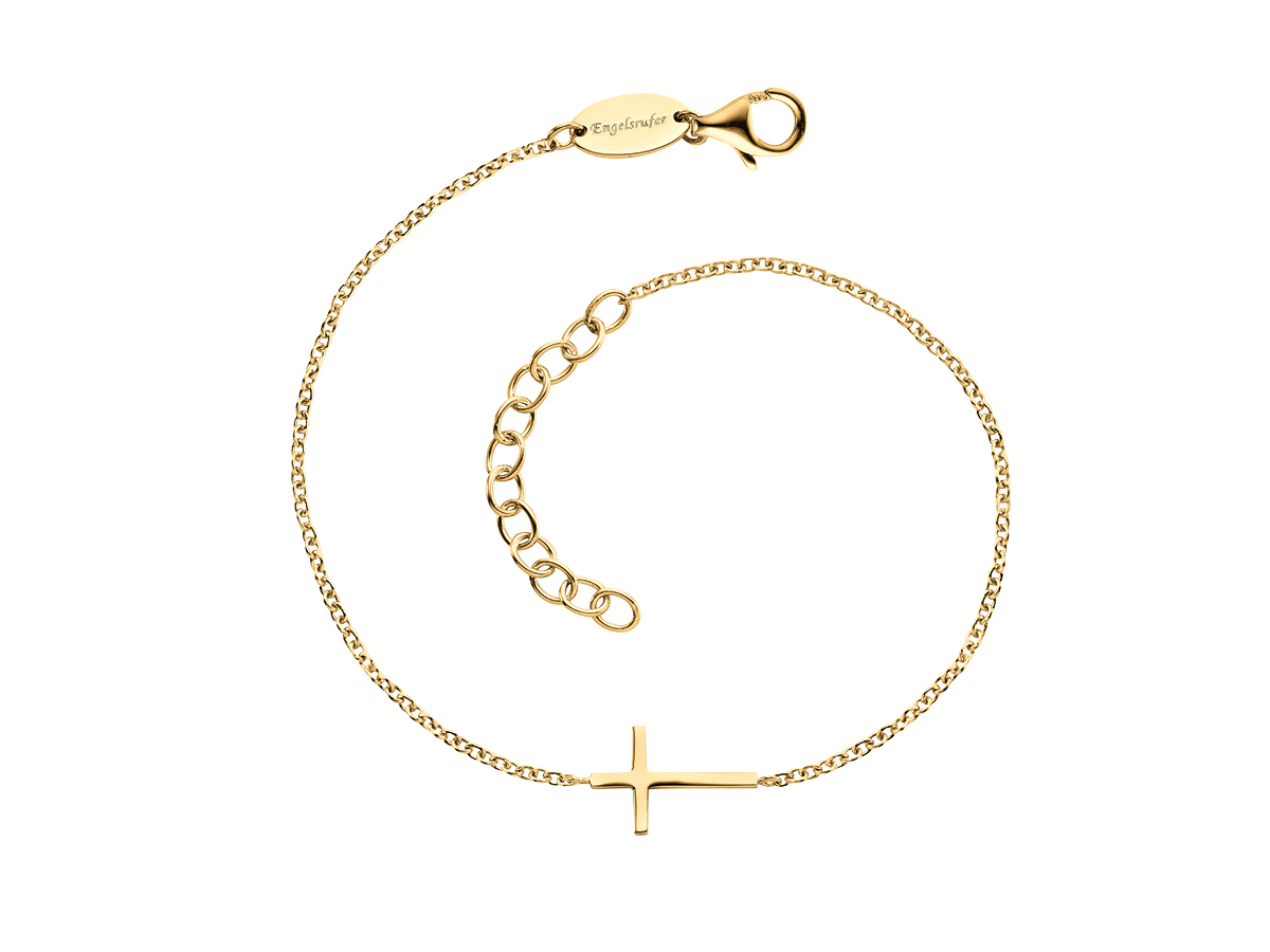 Engelsrufer Armband in Gelbgold Vergoldung auf Silber mit Kreuzanhänger, 17 cm lang, feine Kette und Karabinerverschluss, elegantes Schmuckstück für jeden Anlass.