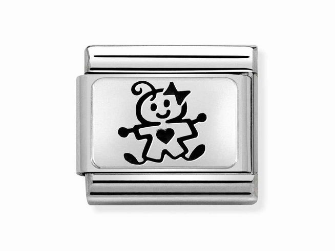Silberner Charm aus Classic Sterling Silver oxid mit einem niedlichen Baby-Motiv, das ein lächelndes Kind mit Herz zeigt, ideal für die persönliche Schmuckkollektion von Mädchen.
