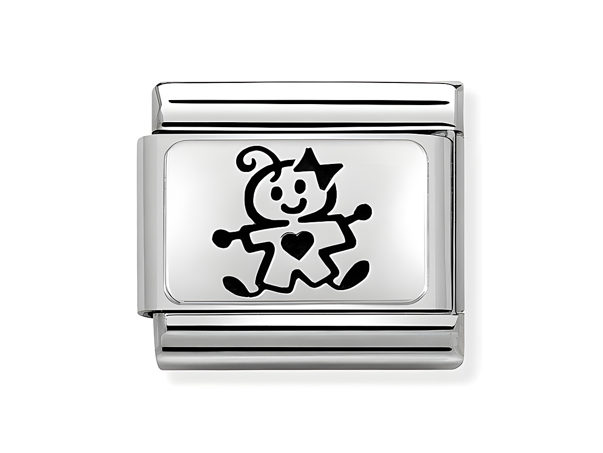 Silberner Charm aus Classic Sterling Silver oxid mit einem niedlichen Baby-Motiv, das ein lächelndes Kind mit Herz zeigt, ideal für die persönliche Schmuckkollektion von Mädchen.