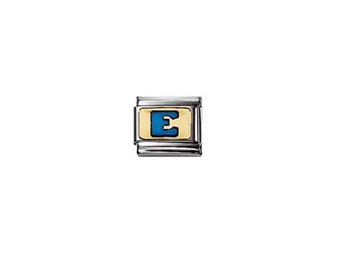 BLAU emaillierter Buchstabe E im klassischen Stil von Nomination, umrahmt von einem silberfarbenen Gehäuse, perfekt für Armbänder und personalisierte Schmuckstücke.