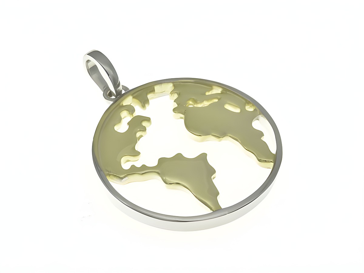Runder Anhänger in Sterling Silber Bicolor mit rhodiniertem Finish, dekoriert mit einer stilisierten Weltkarte, perfekt für Reise-Enthusiasten, Hersteller Juwelier Harnisch.
