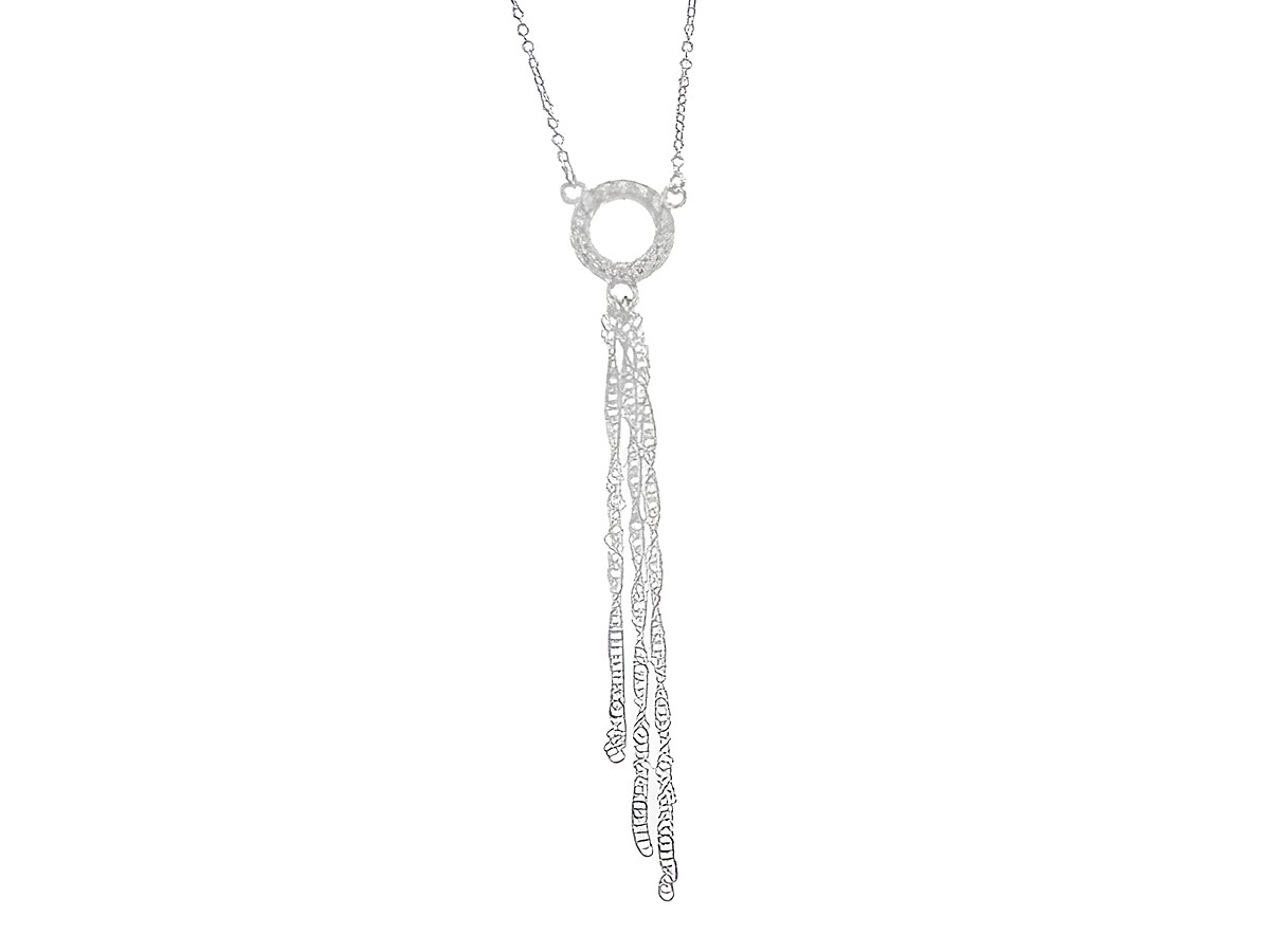 Kette mit Anhänger in Form eines kreisförmigen Elements aus Silber rhodiniert, filigran gearbeitet, Länge 45 cm, hergestellt von Juwelier Harnisch, Collierketten.