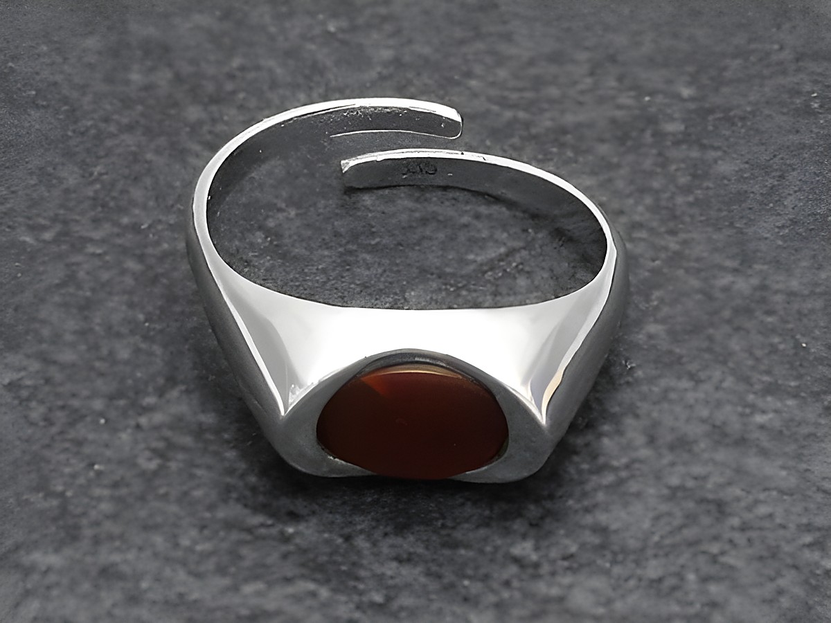 Schlichtes verstellbares Silberring Rho mit Karneolstein, rhodiniert, von Juwelier Harnisch, in moderner Form gehalten, ideal als modisches Accessoire.