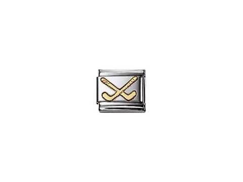 Hockeyschläger Design mit zwei gekreuzten Schlägern in goldener Farbe auf silbernem Hintergrund, passend für den NOMINATION Classic SPORT Schmuck. Ideal für Hockeyliebhaber.
