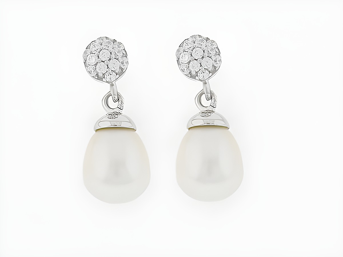 Ohrringe aus rhodiniertem Silber mit Pendel, Süßwasser Zuchtperlen und Zirkonia, Hersteller Juwelier Harnisch, elegantes Design für besondere Anlässe.