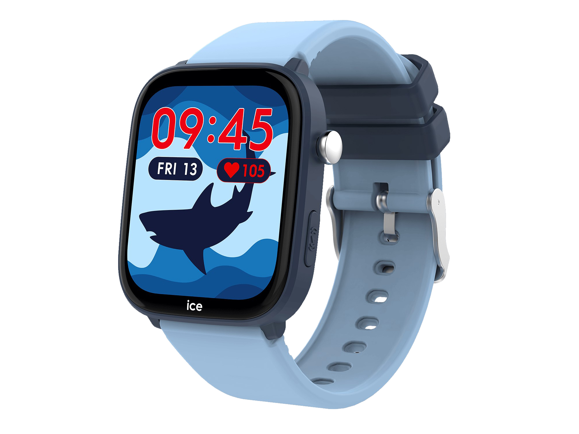 Ice Watch 024548 ICE smart junior 3.0 Find My Smartwatch in Hellblau mit 1.75 Zoll Display zeigt eine farbenfrohe Benutzeroberfläche mit einem Haifischmotiv und aktuellen Zeitangaben.