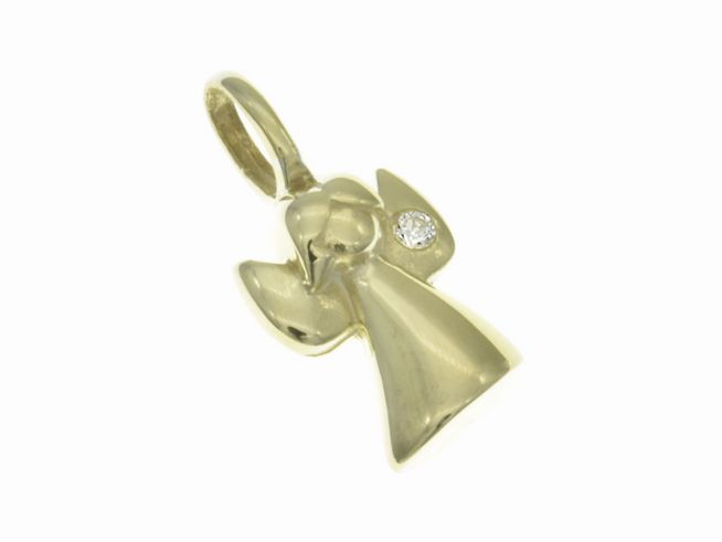 Ein zeitloser Anhänger in Form eines Schutzengels, gefertigt aus vergoldetem Silber und verziert mit einem weißen Zirkonia, vom Hersteller Juwelier Harnisch.