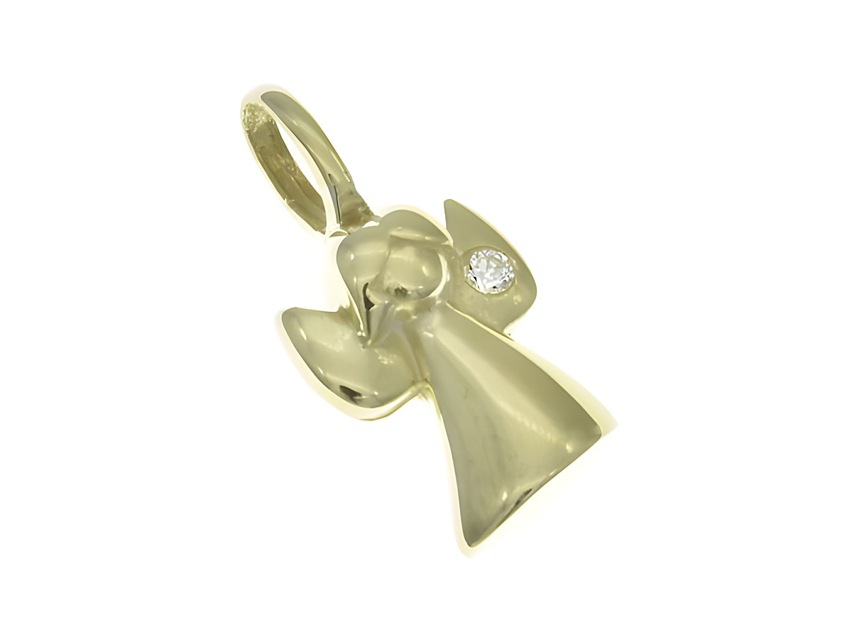 Ein zeitloser Anhänger in Form eines Schutzengels, gefertigt aus vergoldetem Silber und verziert mit einem weißen Zirkonia, vom Hersteller Juwelier Harnisch.
