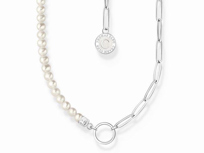 Elegante Thomas Sabo Kette mit Glieder- und Perlen-Design aus Silber, Emaille und Zuchtperlen in Weiß, verstellbar von 40 bis 45 cm, mit Markenanhänger.