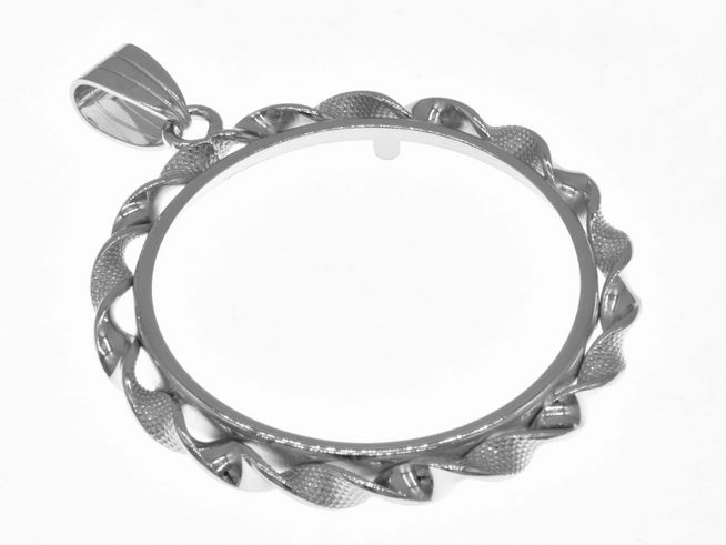 Münzfassung Anhänger aus rhodiniertem 925 Sterling Silber für Münzen bis 31 mm Durchmesser mit eleganter Kordelgestaltung vom Juwelier Harnisch. Ideal für individuelle Schmuckstücke.