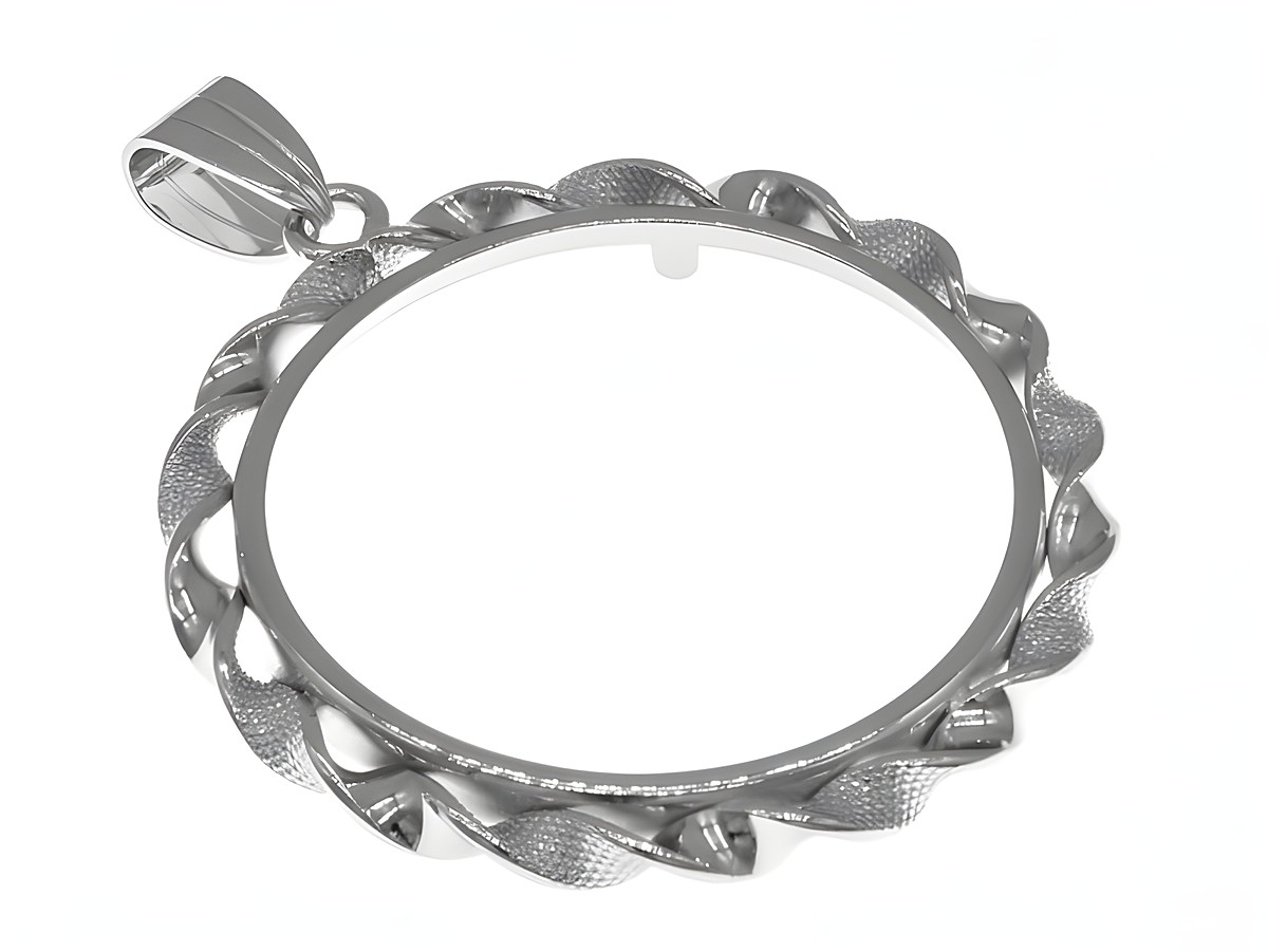 Münzfassung Anhänger aus rhodiniertem 925 Sterling Silber für Münzen bis 31 mm Durchmesser mit eleganter Kordelgestaltung vom Juwelier Harnisch. Ideal für individuelle Schmuckstücke.