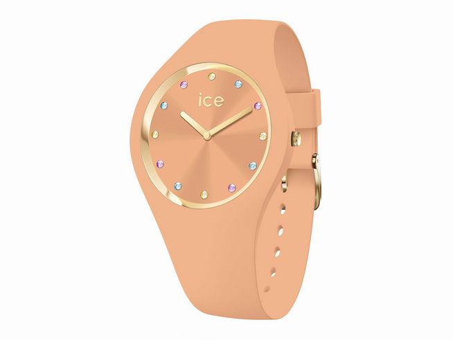 Die Ice Watch Uhr 022362 - ICE cosmos Apricot - Small zeigt ein zart apricotfarbenes Ziffernblatt mit goldenen Details und bunten Indizes sowie einem eleganten Silikonarmband.