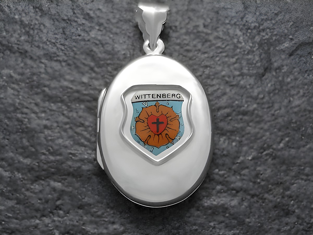 Silbermedaillon mit Wittenberg Lutherrose und Wappen, Hersteller Juwelier Harnisch aus Sachsen-Anhalt, ideal für Liebhaber der Lutherischen Tradition.
