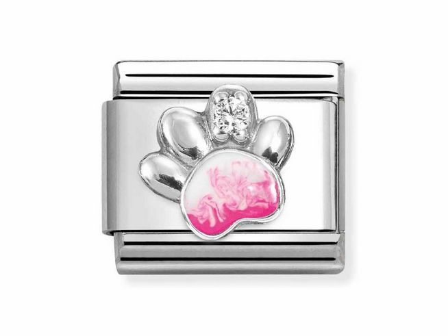 433032113-0 Silberner Charm mit pink-weißer Pfote aus Zirkonia und Emaille, hergestellt von Nomination, Modell Classic Silber 330321 13, eignet sich ideal für Tierliebhaber und Schmuckliebhaber.