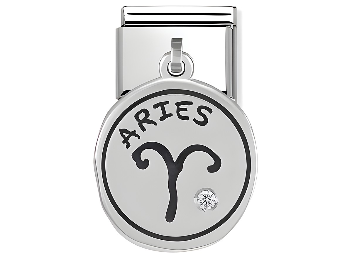 Sternzeichen Anhänger für Widder aus Silver mit dem Schriftzug Aries und einem funkelnden Stein, ideal für Schmuckliebhaber und als Geschenk für Geburtstagsmonate März und April.