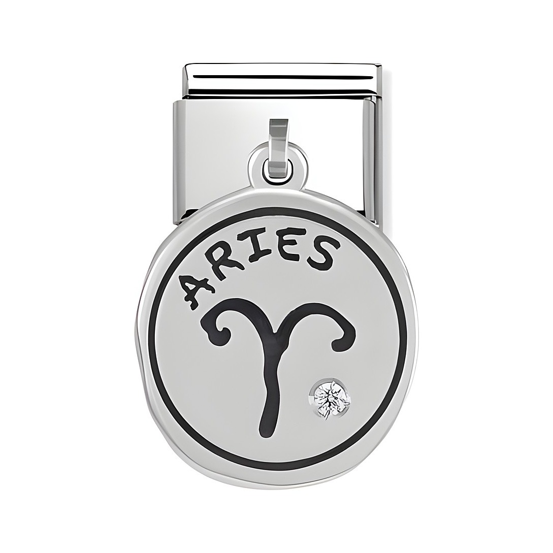 Sternzeichen Anhänger für Widder aus Silver mit dem Schriftzug Aries und einem funkelnden Stein, ideal für Schmuckliebhaber und als Geschenk für Geburtstagsmonate März und April.