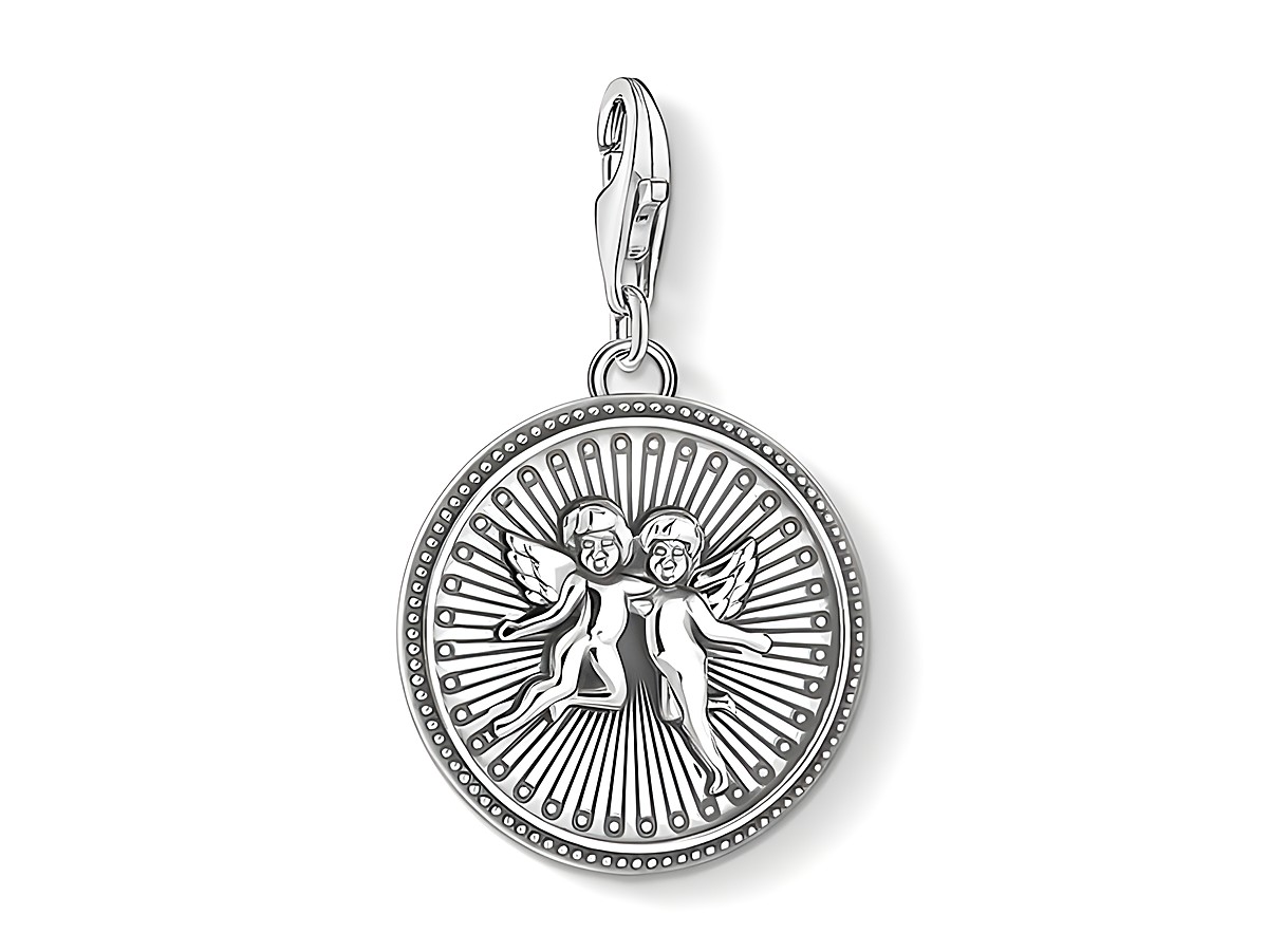 Charm-Anhänger in Form einer Coin mit zwei Engeln und Flügeln, aus geschwärztem Sterling Silber, leuchtendes Design mit radialen Linien, von Thomas Sabo.