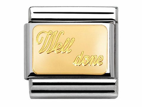 Classic Well Done Gold von Nomination, Edelstahlarmreif mit goldenem Plättchen, darauf der Schriftzug Well done in Gold, sehr gut verarbeitet und ansprechend im Design.