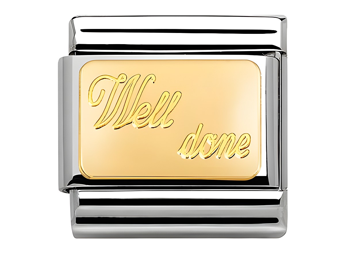 Classic Well Done Gold von Nomination, Edelstahlarmreif mit goldenem Plättchen, darauf der Schriftzug Well done in Gold, sehr gut verarbeitet und ansprechend im Design.