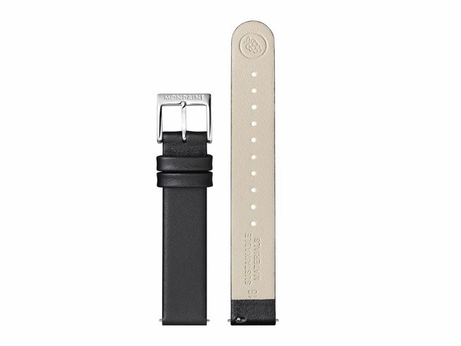 Lederarmband FGM.3116.20Q.K von Mondaine in Schwarz aus veganem Traubenleder mit einer Breite von 16 mm, inklusive silberner Schnalle und cremefarbiger Unterseite.