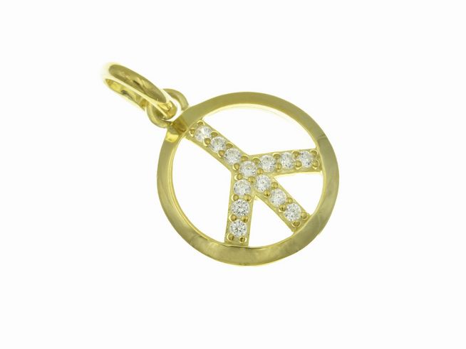 Anhänger im Peace Symbol Design aus Sterling Silber, vergoldet in Gelbgold, verziert mit Zirkonia-Steinen, Hersteller Juwelier Harnisch, ideal als modisches Accessoire.