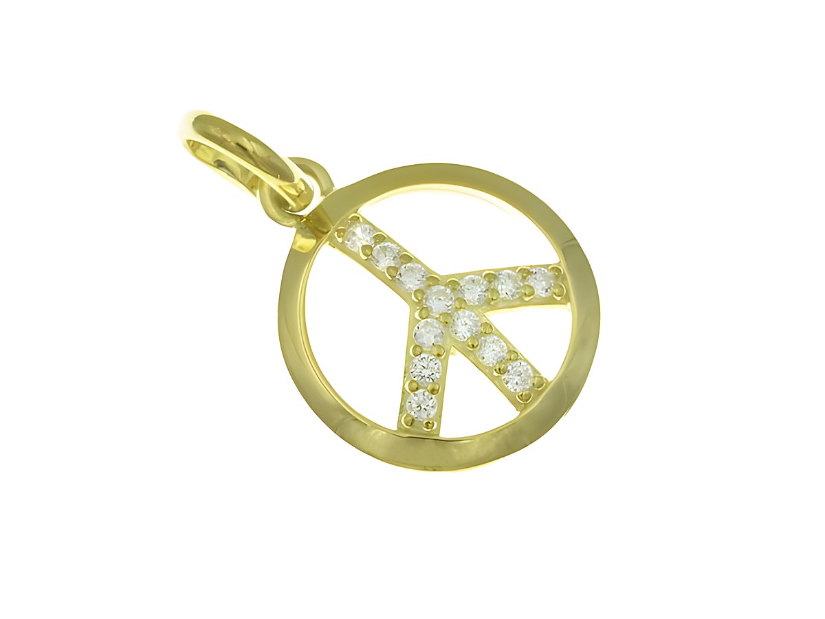 Anhänger im Peace Symbol Design aus Sterling Silber, vergoldet in Gelbgold, verziert mit Zirkonia-Steinen, Hersteller Juwelier Harnisch, ideal als modisches Accessoire.