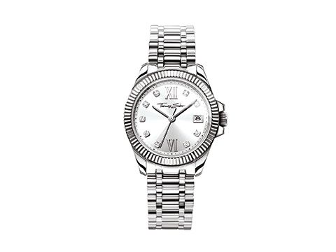 Silberne Damenuhr von Thomas Sabo Modell WA0252-201-201-33 mm mit einem eleganten Ziffernblatt, römischen Ziffern und glitzernden Akzenten, stilvolles Armband aus Edelstahl.