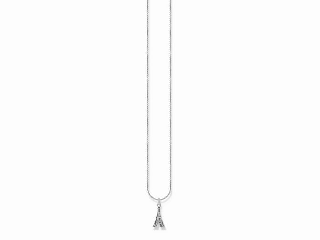 Silberne Kette von Thomas Sabo mit einem Eiffelturm-Anhänger, verziert mit weißen Zirkonias, einstellbar von 38 bis 45 cm, ideal für jeden Anlass.