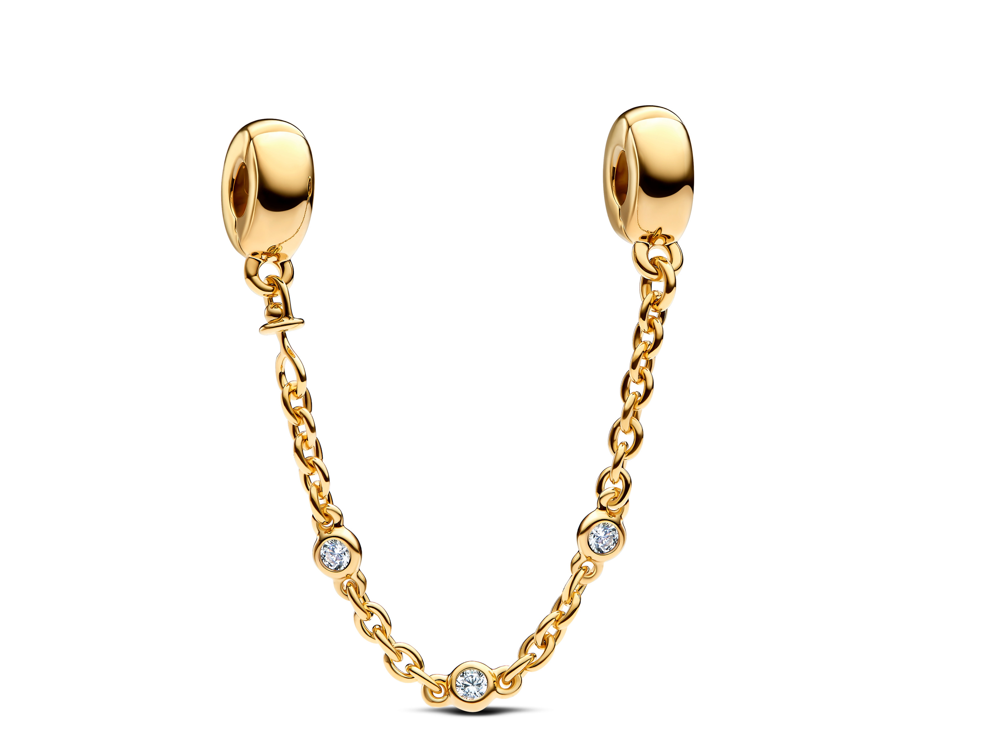 Gelbgold vergoldete Sicherheitskette von Pandora mit klarem Zirkonia. Die Kette zeigt ein elegantes Design mit funkelnden Zirkonia-Elementen für einen stilvollen Akzent.
