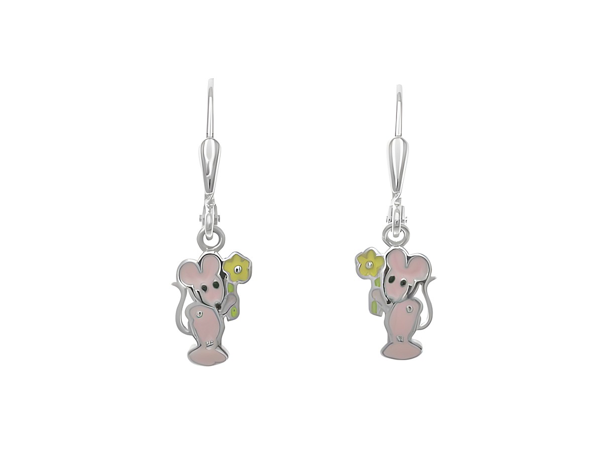 Ohrhänger aus Sterling Silber in Form einer Maus mit einer Blume, poliert und rhodiniert, mit hellrosa, schwarz, gelb und hellgrünem Lack, geeignet für Kinder, Hersteller Juwelier Harnisch.
