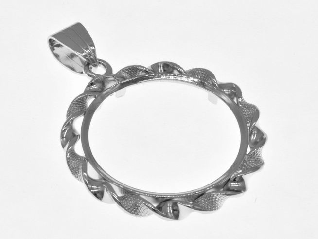 Münzfassung Anhänger aus rhodiniertem 925 Sterling Silber, geeignet für Münzen bis 23 mm Durchmesser, mit dekorativem Kordel-Design, Hersteller Juwelier Harnisch.