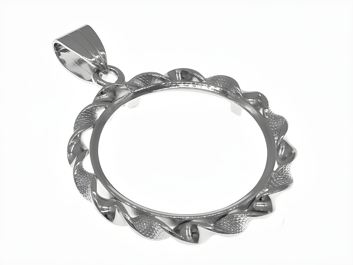 Münzfassung Anhänger aus rhodiniertem 925 Sterling Silber, geeignet für Münzen bis 23 mm Durchmesser, mit dekorativem Kordel-Design, Hersteller Juwelier Harnisch.