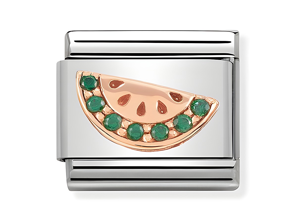 Wassermelone Scheibe aus Roségold mit Zirkonia-Steinen in Grün, eingebettet in einem silbernen Rahmen, von Nomination Classic, Modellnummer 430302 27.