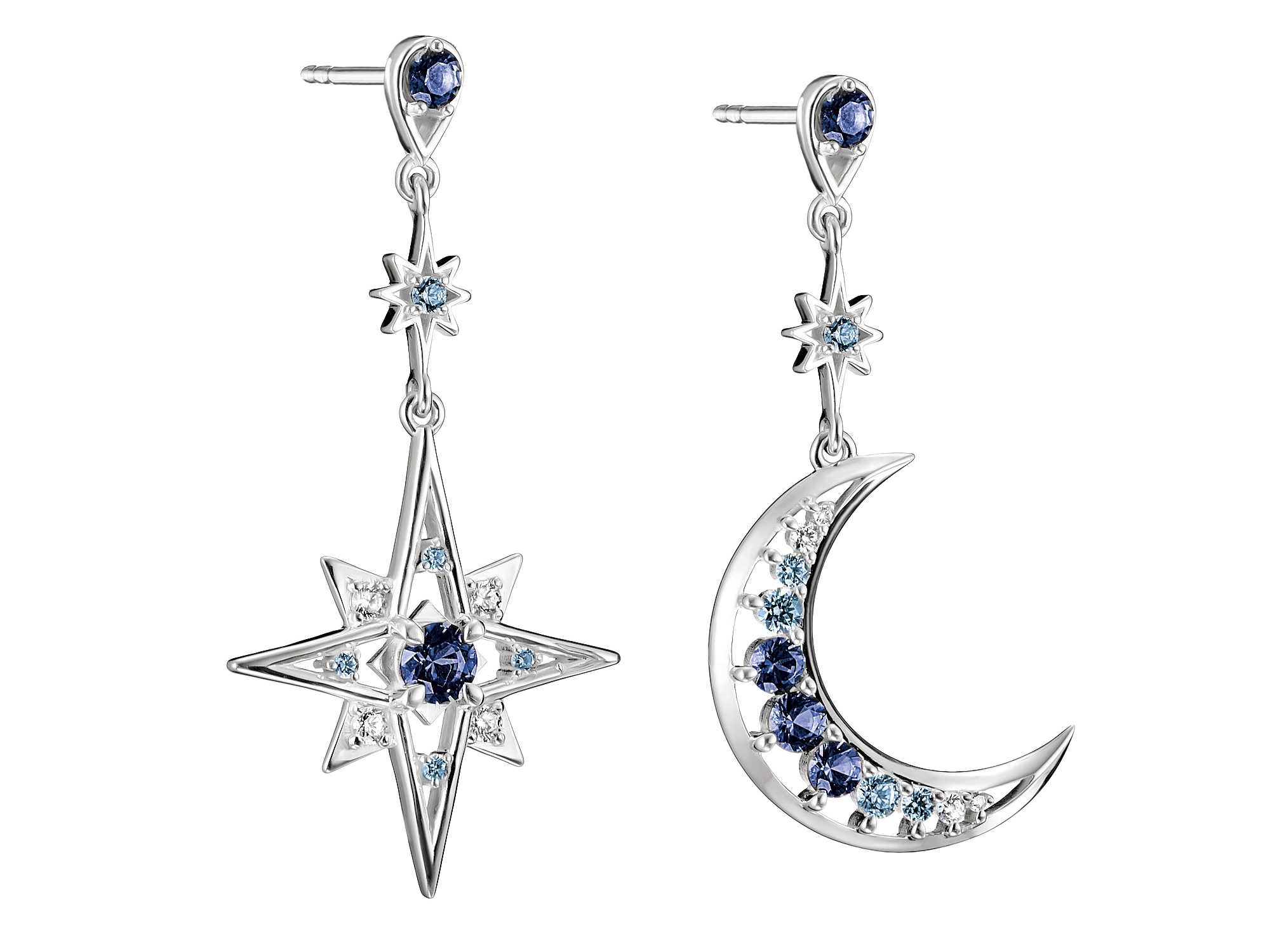 Thomas Sabo Midnight Sky Ohrringe in Form von Mond und Stern aus 925 Sterling Silber, verziert mit Nanokristallen und blauen Zirkonia, bringen einen strahlenden und eleganten Look.