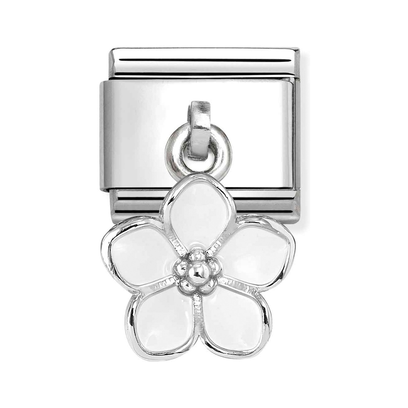 Charm-Anhänger aus Sterling Silber mit einer weißen Emaille-Blume, die elegant an einem silbernen Befestigungselement hängt, ideal für individuelle Schmuckgestaltungen von Nomination.