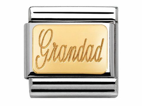 Nomination 030121 28 Classic Grandad Gold Großvater in Goldschriftzug auf silbernem Hintergrund, geeignet für eine charmante Armbanduhr oder ein Schmuckstück.