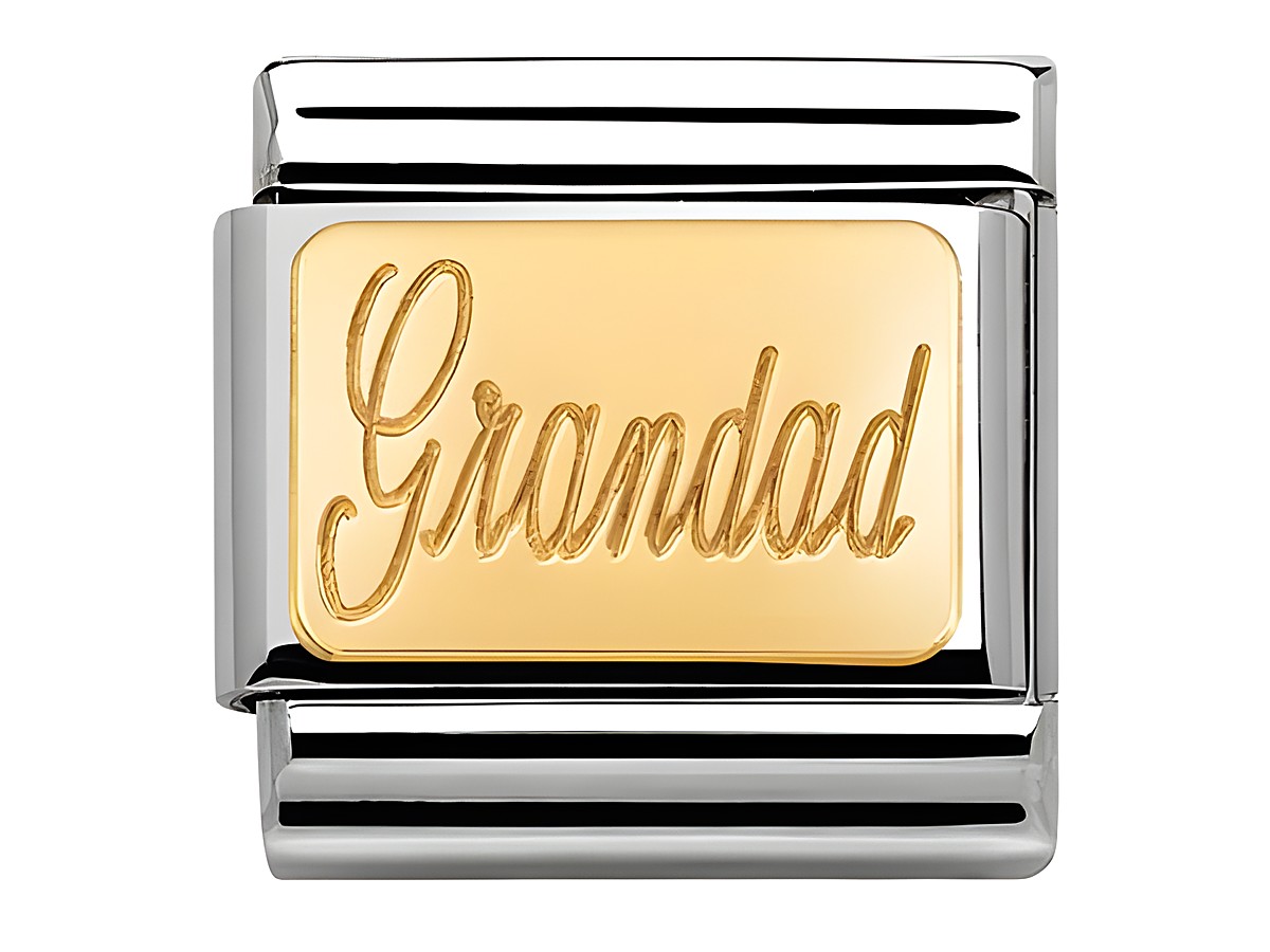 Nomination 030121 28 Classic Grandad Gold Großvater in Goldschriftzug auf silbernem Hintergrund, geeignet für eine charmante Armbanduhr oder ein Schmuckstück.
