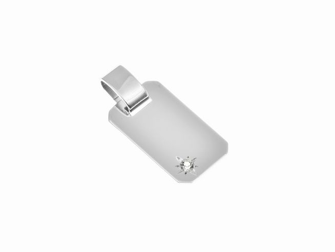 Silber Anhänger Gravurplatte mit Zirkonia 18x10mm von Juwelier Harnisch, schlichtes Design mit einem funkelnden Zirkonia in der unteren Ecke. Ideal für persönliche Gravuren.
