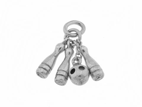 302121-0 Drei Pins mit Kugel und Kegel-Anhängern aus 925 Silber, sportliches Bowling-Motiv, ca 1,5 cm, Hersteller Juwelier Harnisch. Ideal für Sportliebhaber.