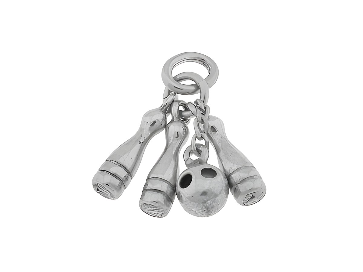 Drei Pins mit Kugel und Kegel-Anhängern aus 925 Silber, sportliches Bowling-Motiv, ca 1,5 cm, Hersteller Juwelier Harnisch. Ideal für Sportliebhaber.