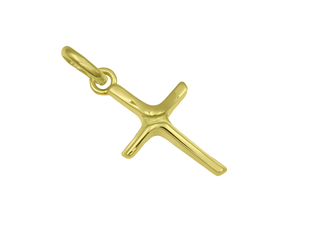 Ein schlichter Anhänger in Form eines Kreuzes, modern gestaltet aus Sterling Silber und vergoldet in Gelbgold, Hersteller Juwelier Harnisch.