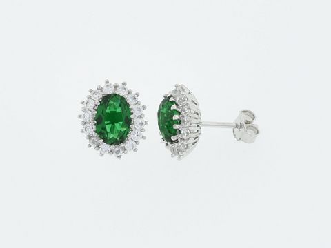 Silber Ohrringe oval mit grünem Zirkonia, glänzend mit auffälligem Design, Stecker aus der Kollektion des Juwelier Harnisch, eleganter Blickfang für besondere Anlässe.