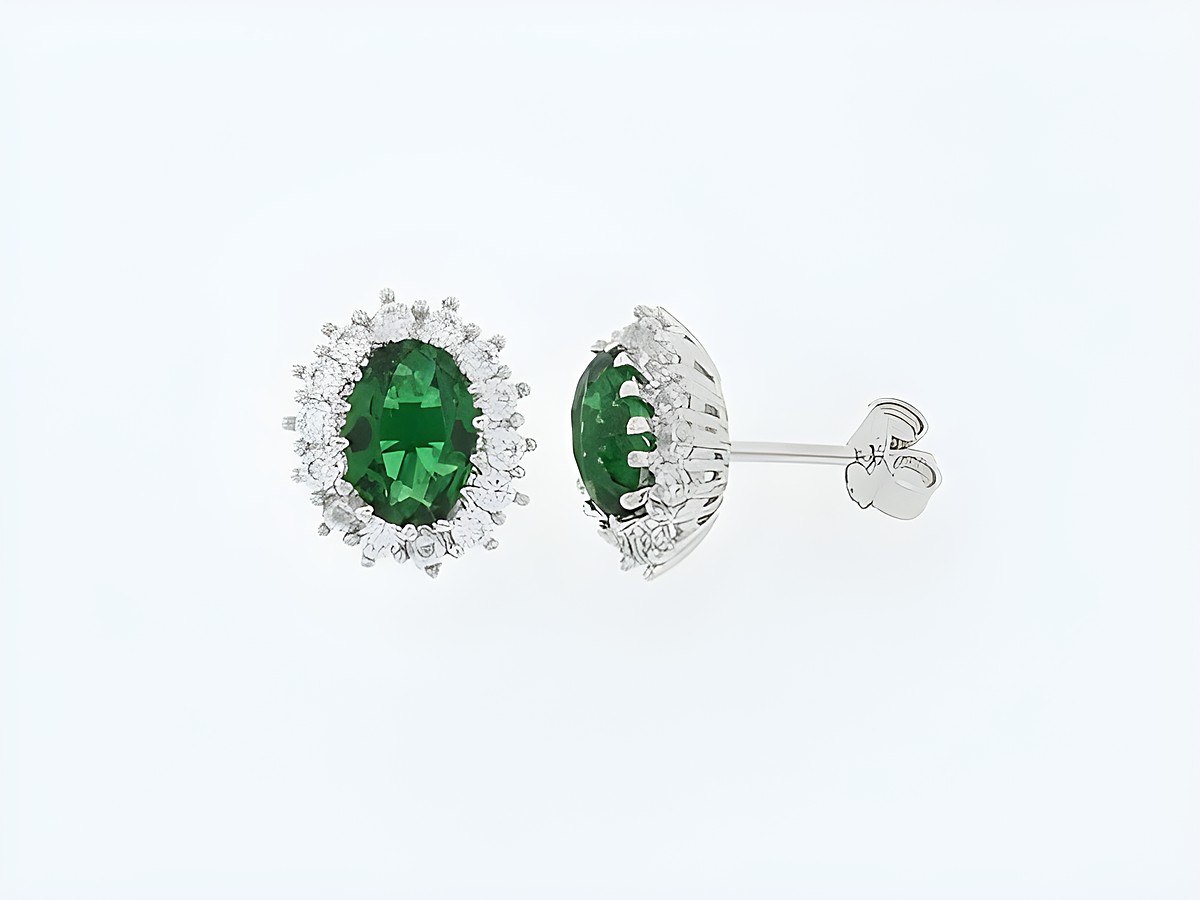 Silber Ohrringe oval mit grünem Zirkonia, glänzend mit auffälligem Design, Stecker aus der Kollektion des Juwelier Harnisch, eleganter Blickfang für besondere Anlässe.