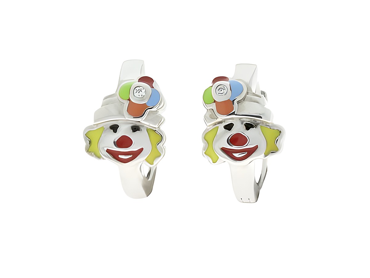 Ohrringe Creolen in lustigem Clown-Design aus rhodiniertem Silber, ideal für Kinder, gefertigt vom Juwelier Harnisch. Perfekte Ergänzung für ein fröhliches Outfit.
