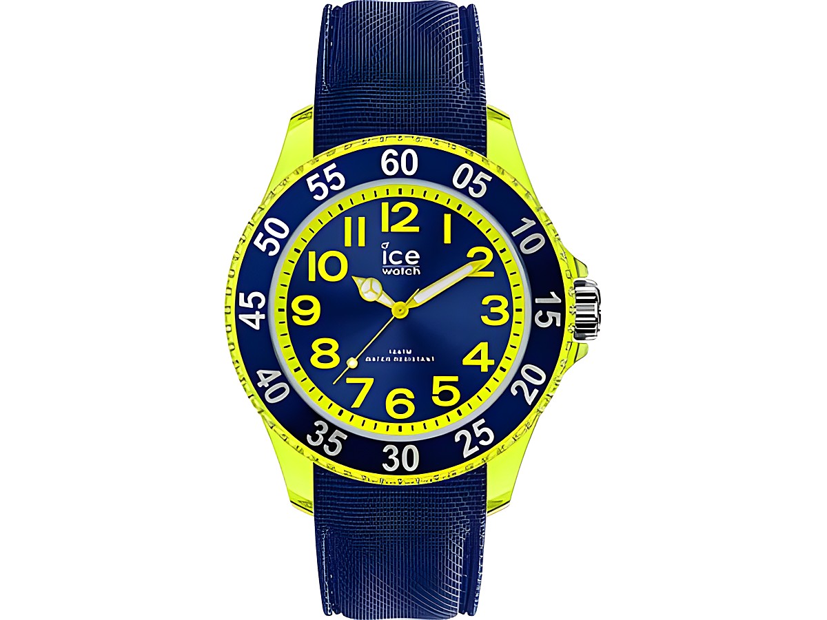 Eine bunte Kinderuhr von Ice Watch mit einem blauen Ziffernblatt, leuchtenden gelben Zahlen und einem blauen Armband in einem sportlichen Design, ideal für kleine Abenteurer.