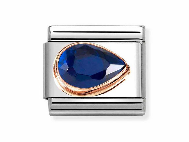 Dunkelblauer Zirkonia im Tropfenformat in roségold und Edelstahlfassung von Nomination, elegantes Design für individuelle Armbänder.