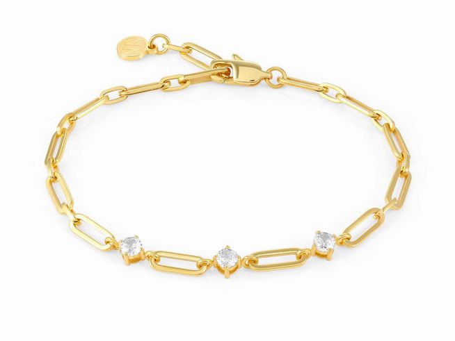 Armband von Nomination ChainsOfStyle aus goldfarbenem Edelstahl mit weißen Zirkonia, elegante Gliederstruktur und praktische Karabinerverschluss, Länge 21 cm.
