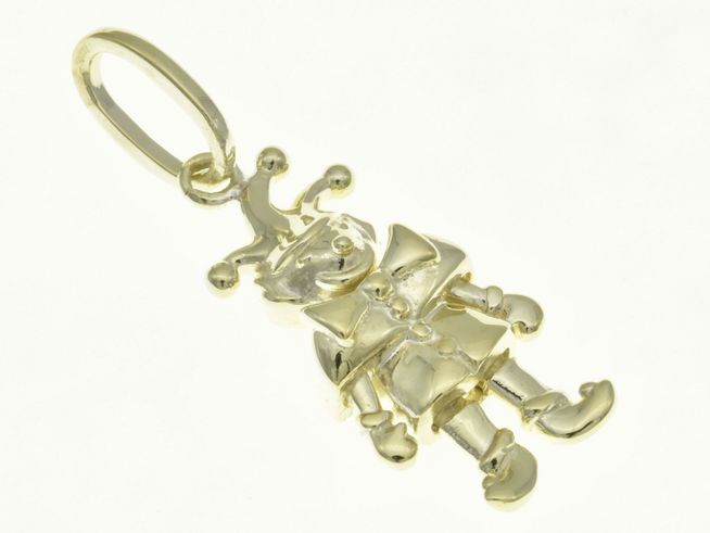 Beweglicher Anhänger in Form eines Clowns aus Sterling Silber, gelbgold vergoldet. Der Clown trägt einen kurzen Anzug und hat zwei typische Clownshüte mit Bommeln. Ideal als modisches Accessoire.