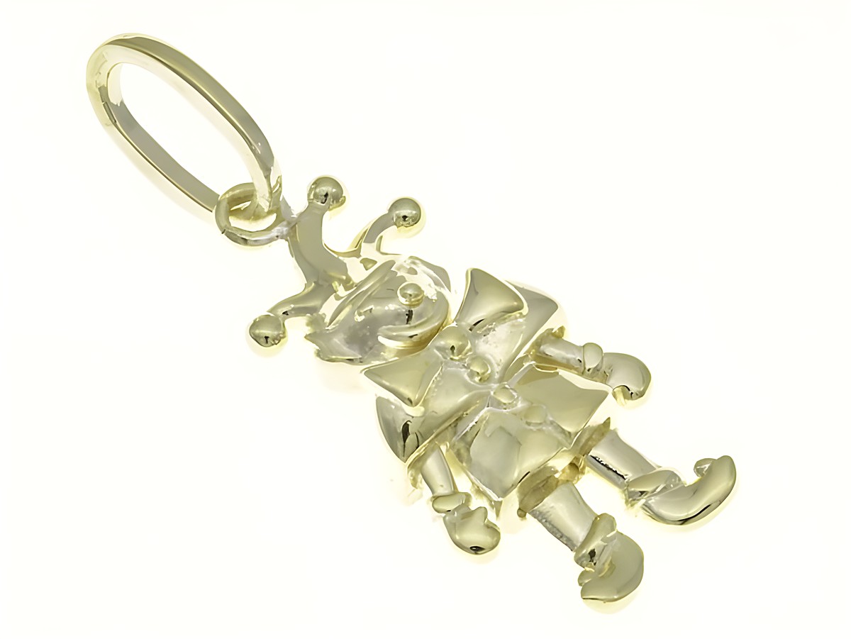 Beweglicher Anhänger in Form eines Clowns aus Sterling Silber, gelbgold vergoldet. Der Clown trägt einen kurzen Anzug und hat zwei typische Clownshüte mit Bommeln. Ideal als modisches Accessoire.
