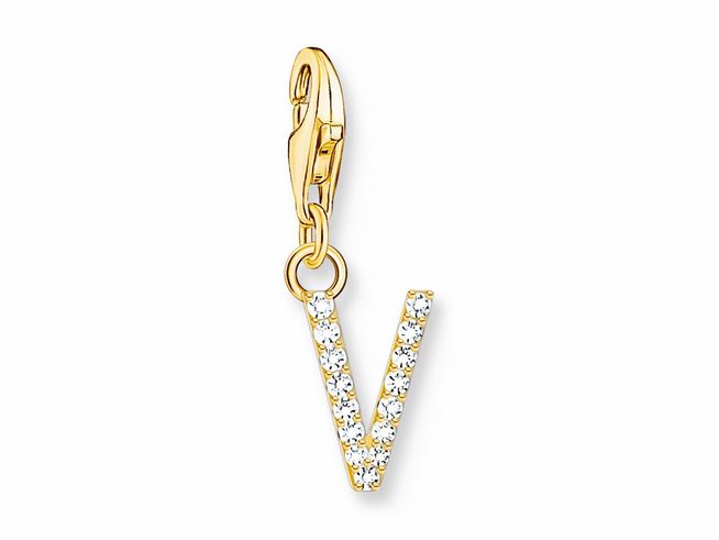 Charm-Anhänger in Form des Buchstabens V aus Silber mit vergoldeter Oberfläche und funkelnden Zirkonia in Weiß, ideal zum individuellen Styling und Personalisierung von Schmuckstücken.